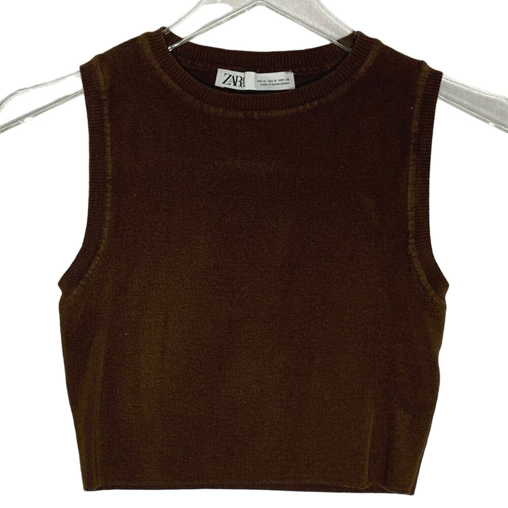 Zara M Cropped Knit Top Womens Chocolate Brown Sleeveless Solid layering